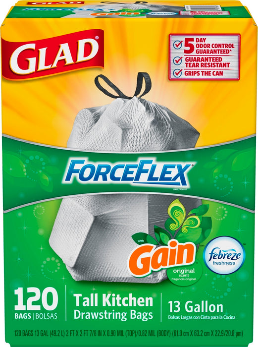 Glad Forceflex 13 Gal Tall Kitchen Drawstring Bags with Gain Odorshield, 120 ct