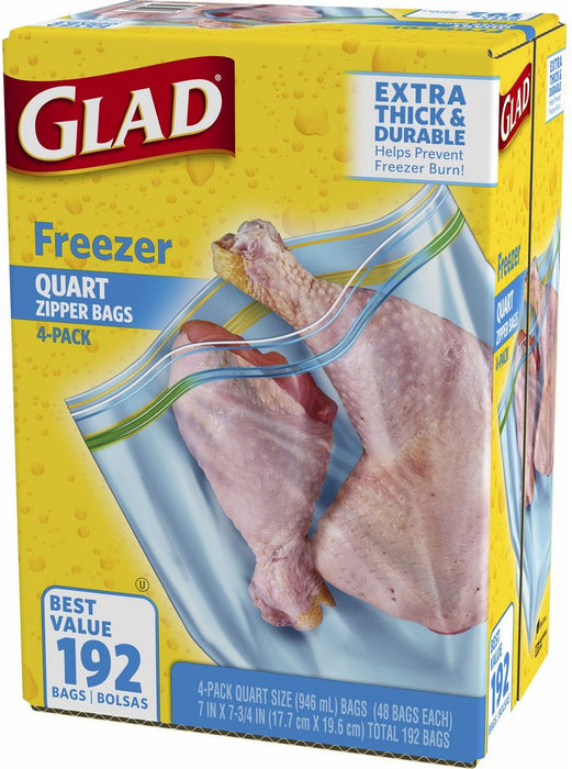 Glad Freezer Quart Zipper Bags Value Pack, Extra Thick and Durable, 4 x 48 ct