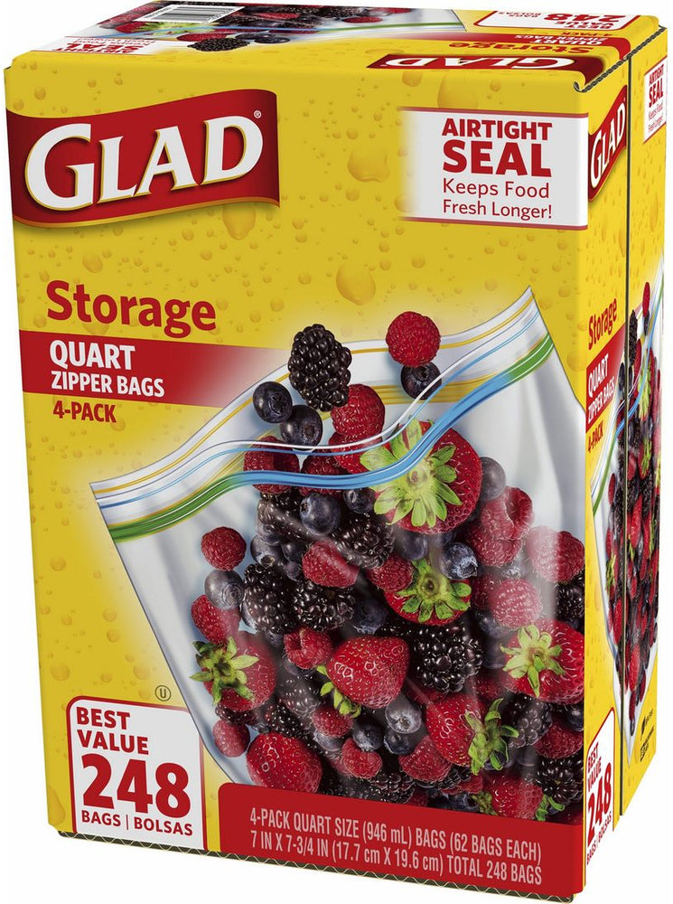 Glad Storage Quart Zipper Bags, Airtight Seal , 4 x 62 ct