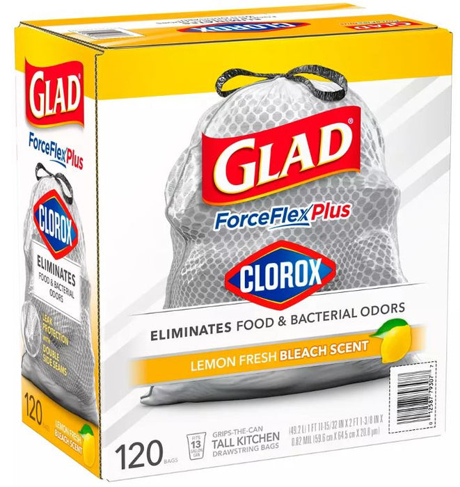 Glad ForceFlex Plus With Clorox Tall Kitchen Trash Bags, 13 Gallon, 120 ct