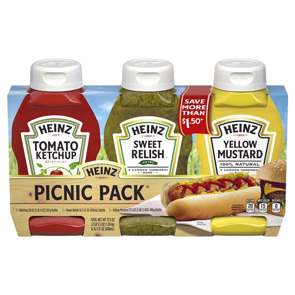 Heinz Picnic 3-Pack Tomato Ketchup, Sweet Relish & 100% Natural Yellow Mustard, 37.5 oz