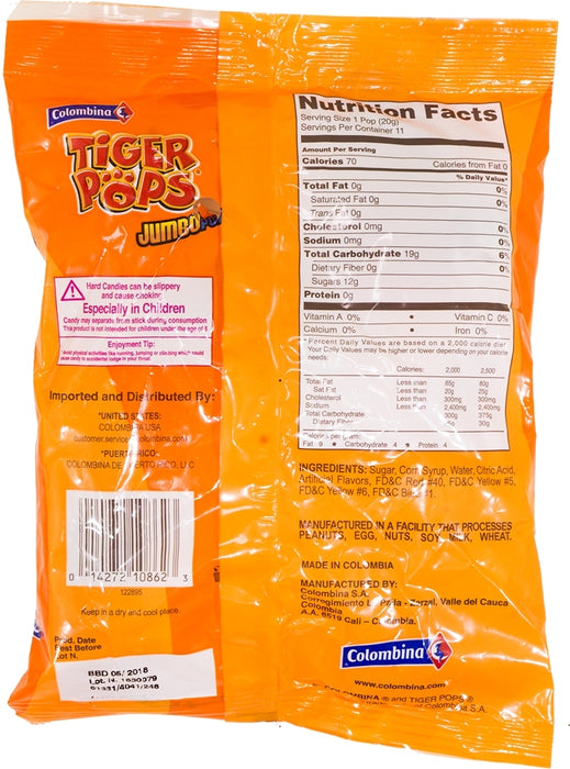 Colombina Tiger Pops Jumbo Pops, Assorted Fruit Flavor Lollipops, 11 ct (7.8 oz)