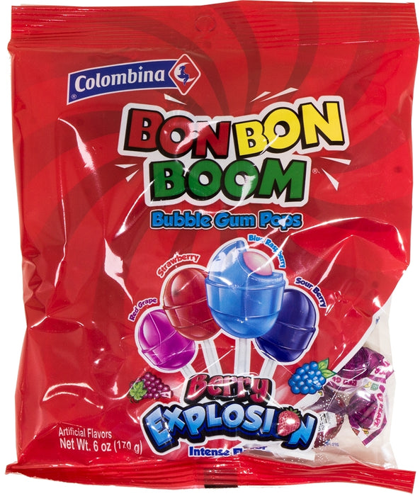 Colombina Bon Bon Boom Berry Bubble Gum Lollipops, 6 oz