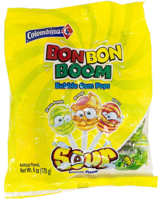 Colombina Bon Bon Boom Sour Bubble Gum Lollipops, 6 oz