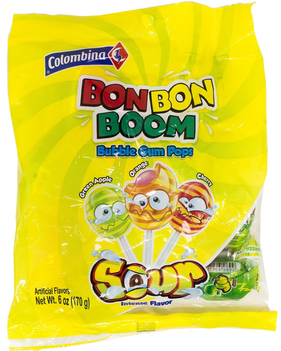 Colombina Bon Bon Boom Sour Bubble Gum Lollipops, 6 oz