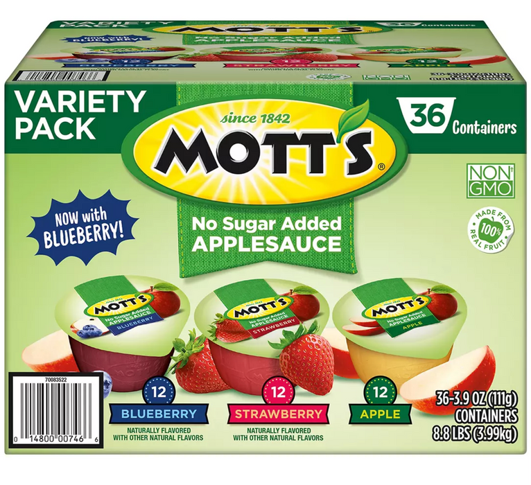 Mott's No Sugar Added Applesauce Cups, Variety Pack , 36 x 3.9 oz