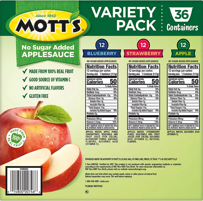 Mott's No Sugar Added Applesauce Cups, Variety Pack , 36 x 3.9 oz