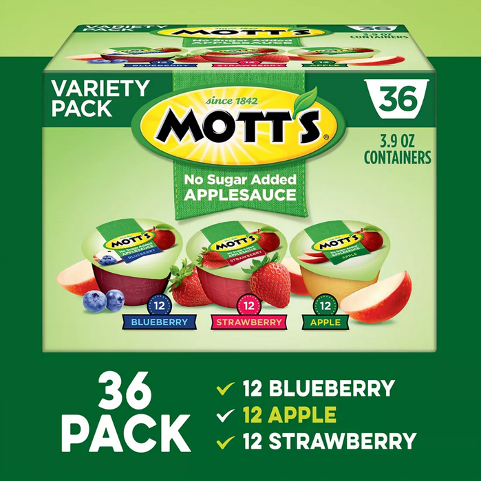 Mott's No Sugar Added Applesauce Cups, Variety Pack , 36 x 3.9 oz