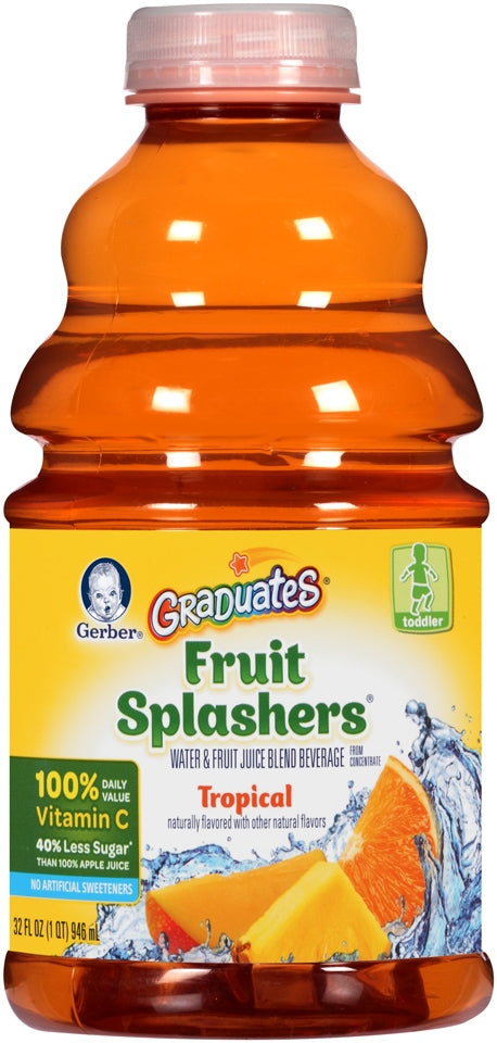Gerber Graduates Fruit Splashers Water & Fruit Juice Blend Beverage, Tropical, Toddler, 32 oz