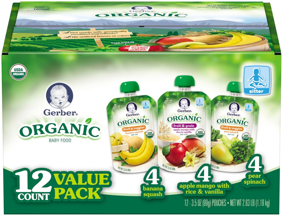 Gerber Organic Baby Food Mixed Assortments, Fruits Veggies & Grains, 12 x 3.5 oz