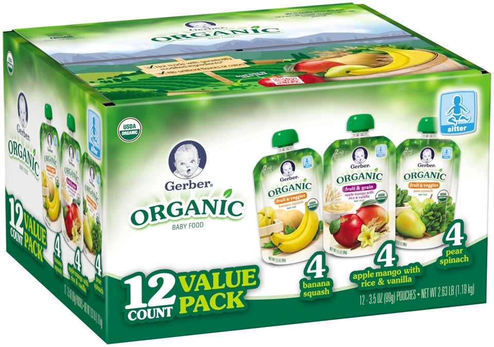 Gerber Organic Baby Food Mixed Assortments, Fruits Veggies & Grains, 12 x 3.5 oz