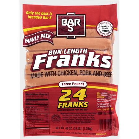 Bar S Bun Length Franks "Hot Dogs" with Chicken, Pork and Beef, 48 oz (24 ct)