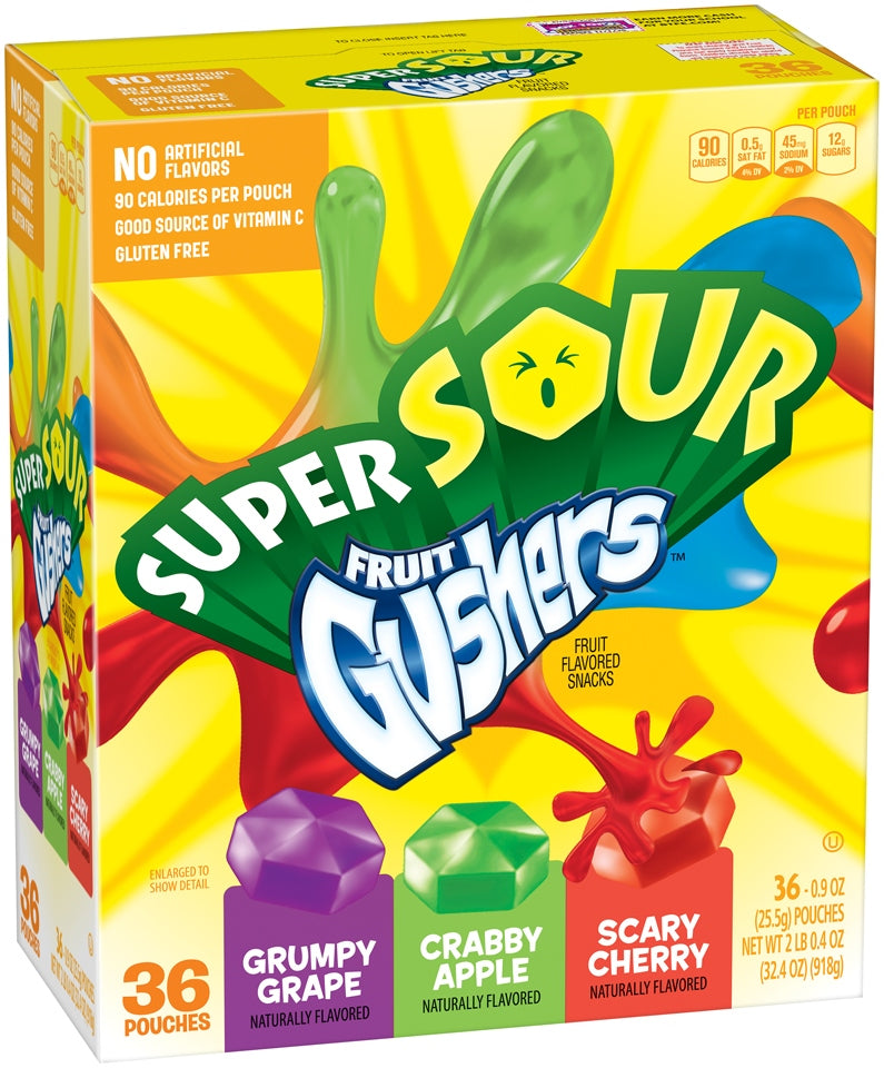 Betty Crocker Super Sour Fruit Gushers Assorted Flavored Snacks Pouches, 36 x 0.9 oz