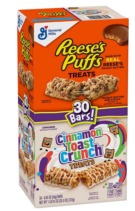 General Mills Reese's Puffs & Cinnamon Toast Crunch Cereal Bar Treats , 30 ct