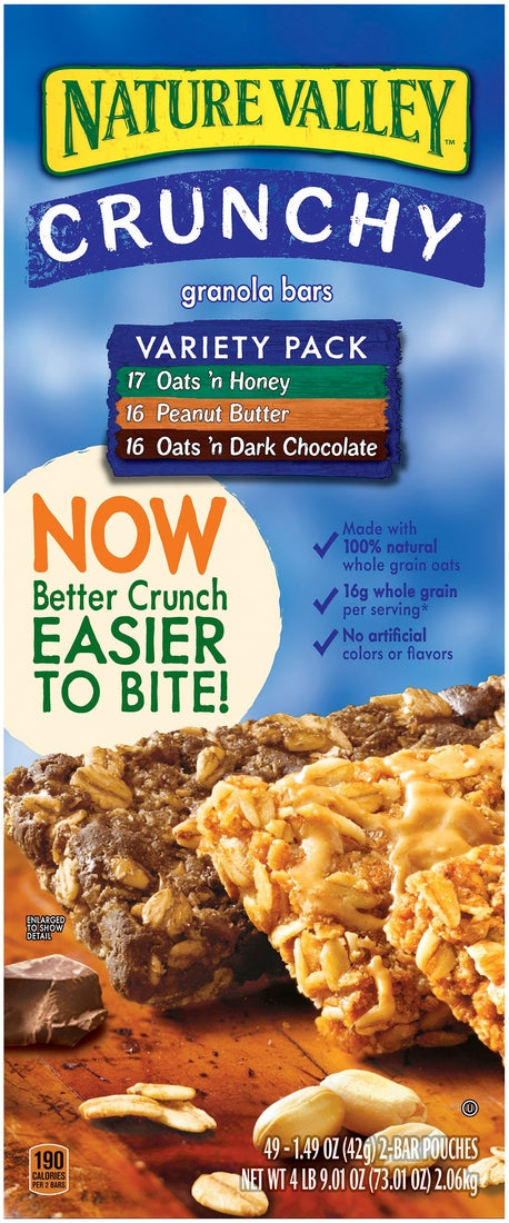 Nature Valley Crunchy Granola Bars Variety Pack, Oats 'n Honey, Peanut Butter and Oats 'n Dark Chocolate, 49 x 2 ct