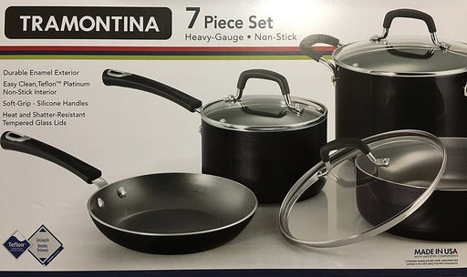 Tramontina 7 Piece Non Stick Heavy Gauge Cookware Set, Black Enamel Exterior, 7 pcs