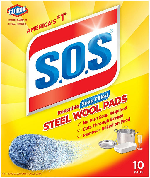 Clorox S.O.S Reusable Soap Filled Steel Wool Soap Pads, 10 ct