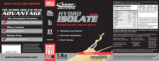 Inner Armour Hydro Isolate Whey Protein Powder, Vanilla, 1.6 lbs