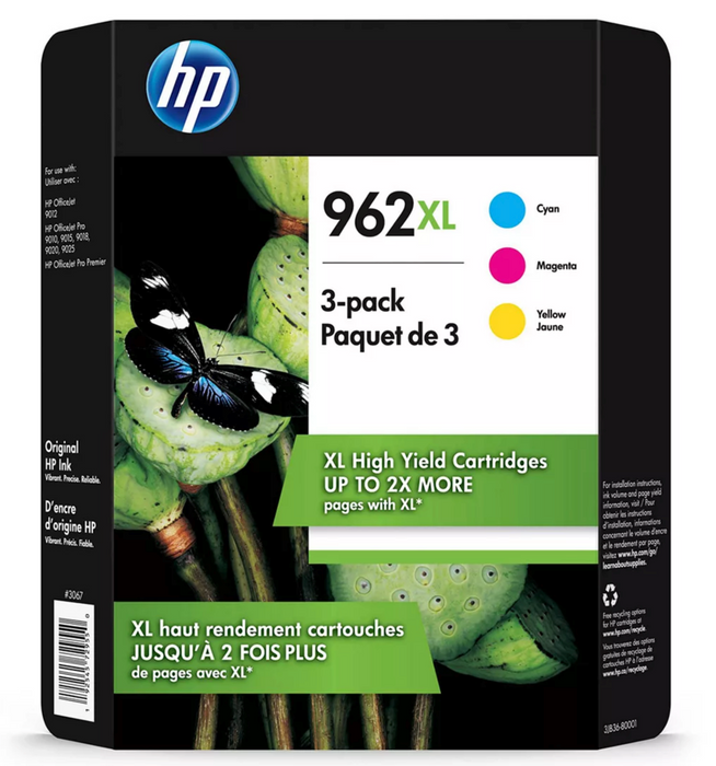 HP 962XL High Yield Cyan, Magenta & Yellow Original Ink Cartridge, 3-Pack , 3 ct