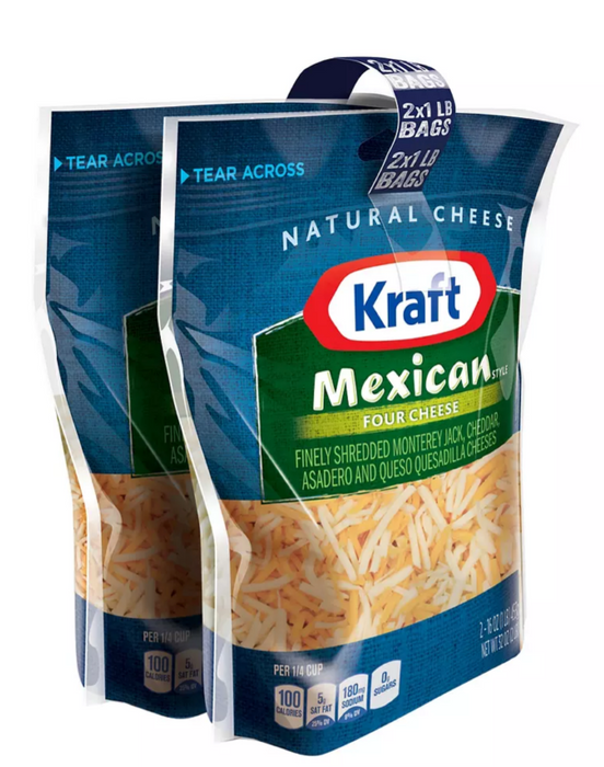 Kraft Shredded Mexican Style Four Cheese, 2-Pack, 2 x 16 oz