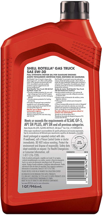 Shell Rotella Gas Triuck Full Synthetic Motor Oil, 5W-30, 1 qt