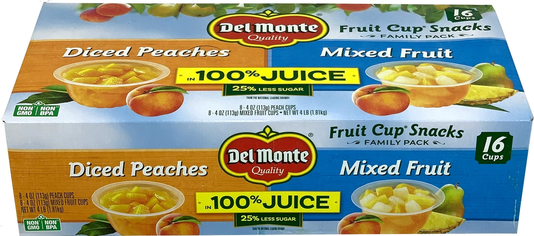 Del Monte Diced Peaches And Mixed Fruit Cups, 16 x 4 oz