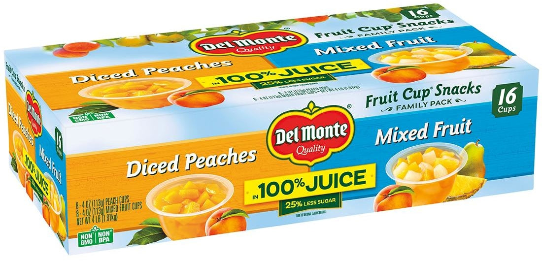 Del Monte Diced Peaches And Mixed Fruit Cups, 16 x 4 oz