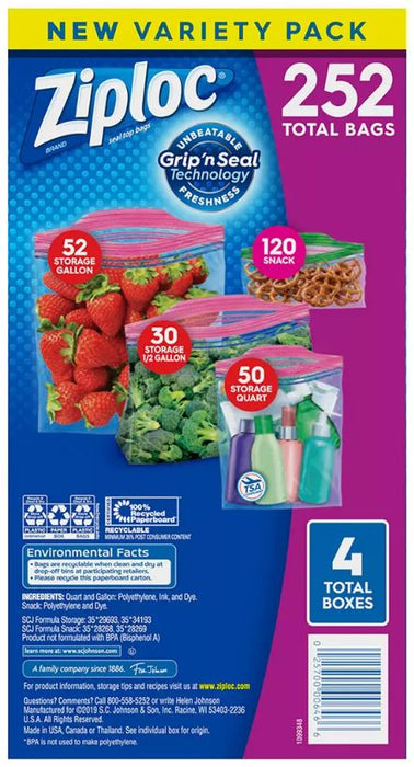 Ziploc Storage Transport Bags, Variety Pack , 252 ct