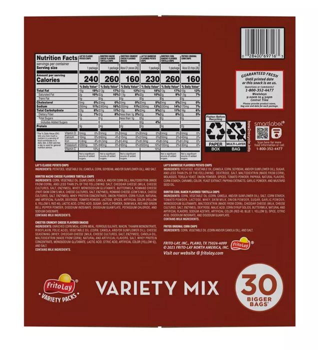 Frito-Lay Variety Mix Chips, Variety Pack , 30 ct