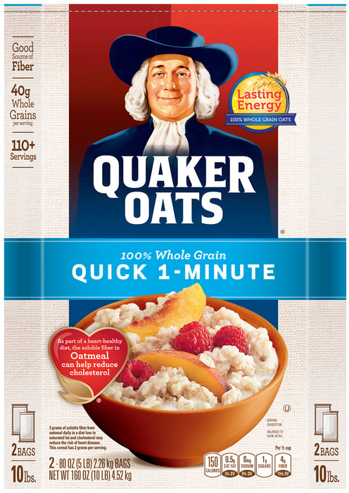 Quaker Oats, Quick 1-minute, 100% Whole Grain Oats, 2 bags - 5 lbs