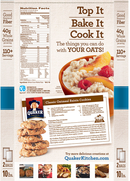 Quaker Oats, Quick 1-minute, 100% Whole Grain Oats, 2 bags - 5 lbs