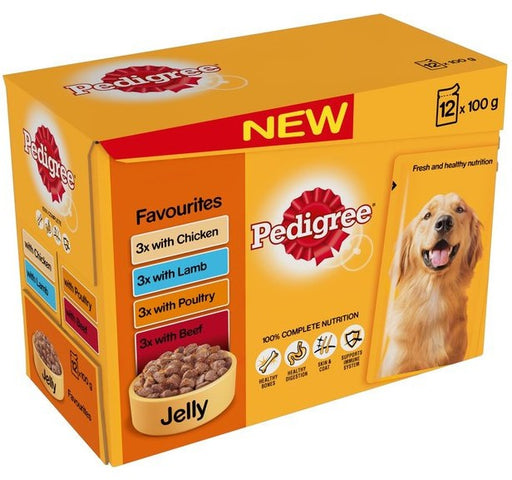 Pedigree Adult Dog Pouches Favourites In Jelly, Variety Pack, 12 x 100 gr