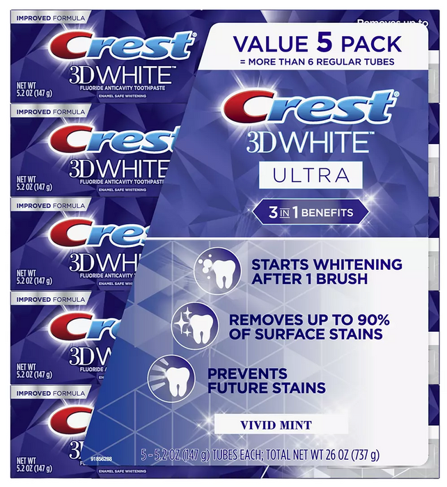 Crest 3D White Ultra Teeth Whitening Toothpaste, Value Pack , 5 x 5.2 oz