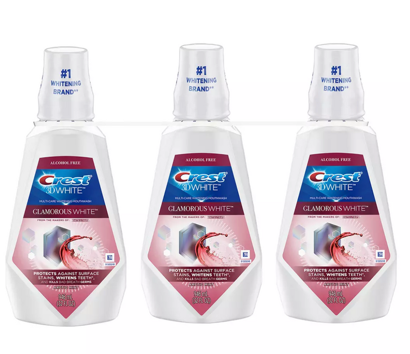 Crest 3D White Alcohol-Free Multi Care Whitening Mouthwash, Artic Mint, 3-Pack , 3 x 946 ml