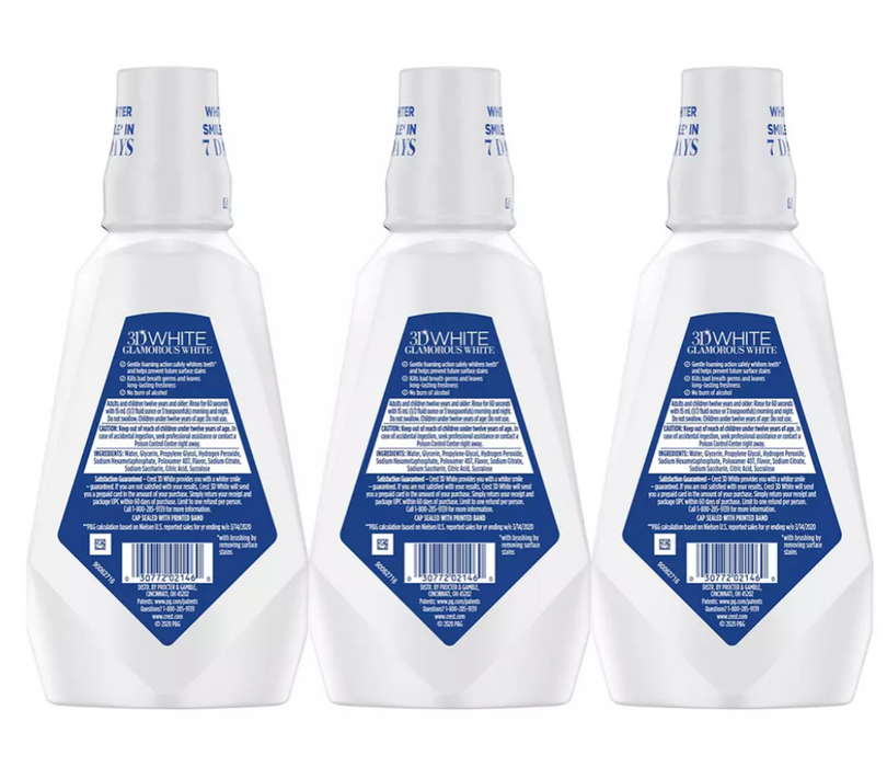 Crest 3D White Alcohol-Free Multi Care Whitening Mouthwash, Artic Mint, 3-Pack , 3 x 946 ml