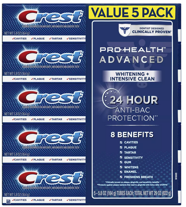 Crest Pro-Health Toothpaste, Advanced For Teeth Whitening, 5-Pack, 5 x 5.8 oz