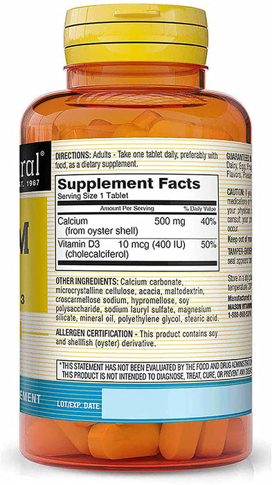 Mason Natural Oyster Shell Calcium, 500 MG With Vitamin D3 , 100 ct