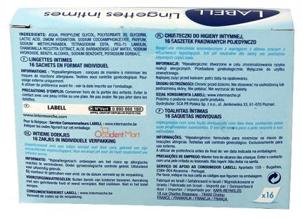Labell Intimate Wipes, Aloe Vera, 16 ct