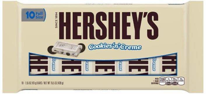 Hershey's Cookies 'n' Cream Chocolate Full Size Bars, 10 x 1.55 oz