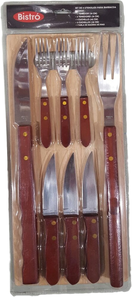 Bistro BBQ Fork Knive Set, with Wooden Cutting Board, 9 pcs