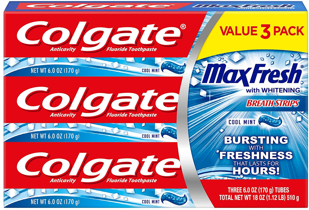 Colgate Max Fresh Toothpaste With Mini Breathing Stips, Cool Mint, 3-Pack, 3 x 6 oz