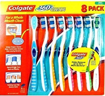 Colgate 360 Toothbrush, with Tongue Cleaner Soft Full Head, Value Pack, 8 ct