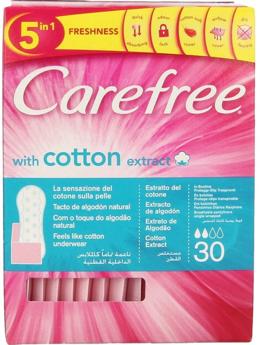 Carefree 5 in 1 Freshness Breathable Single-Wrapped Pantyliners with Cotton Extract, 30 ct