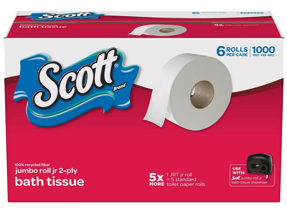 Scott Jumbo Roll Bath Tissue, 2-Ply, 1,000 Ft Per Roll, 6 x 1000 ft