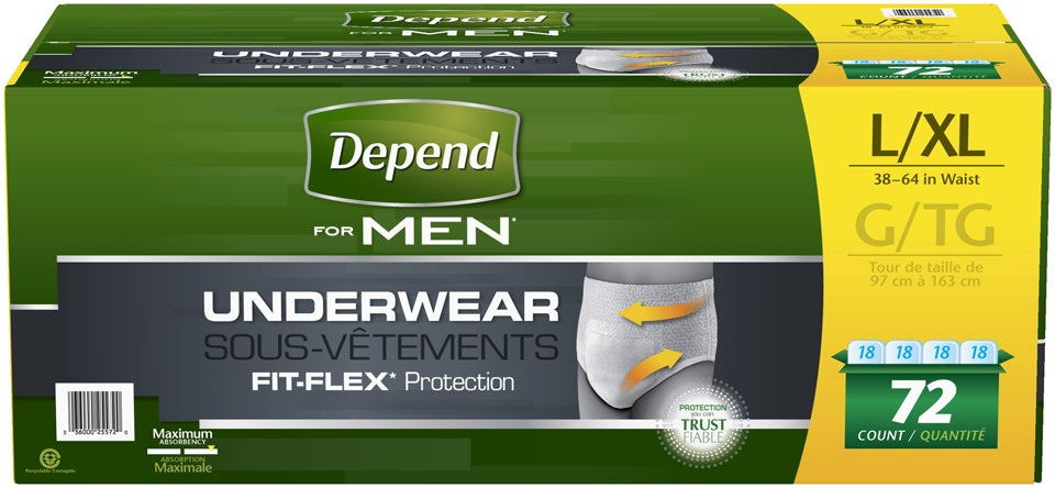 Depend Fit-Flex L/XL Maximum Absorbency Underwear for Men, 72 ct