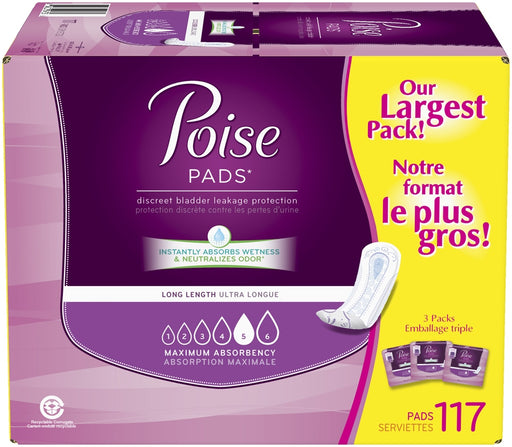 Poise Long Length Maximum Absorbency Discreet Bladder Leakage Protection Pads, 117 ct