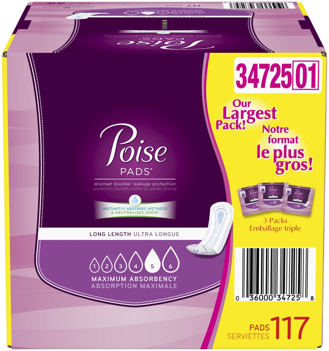 Poise Long Length Maximum Absorbency Discreet Bladder Leakage Protection Pads, 117 ct