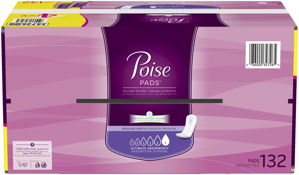 Poise Regular Length Ultimate Absorbency Discreet Bladder Leakage Protection Pads, 132 ct