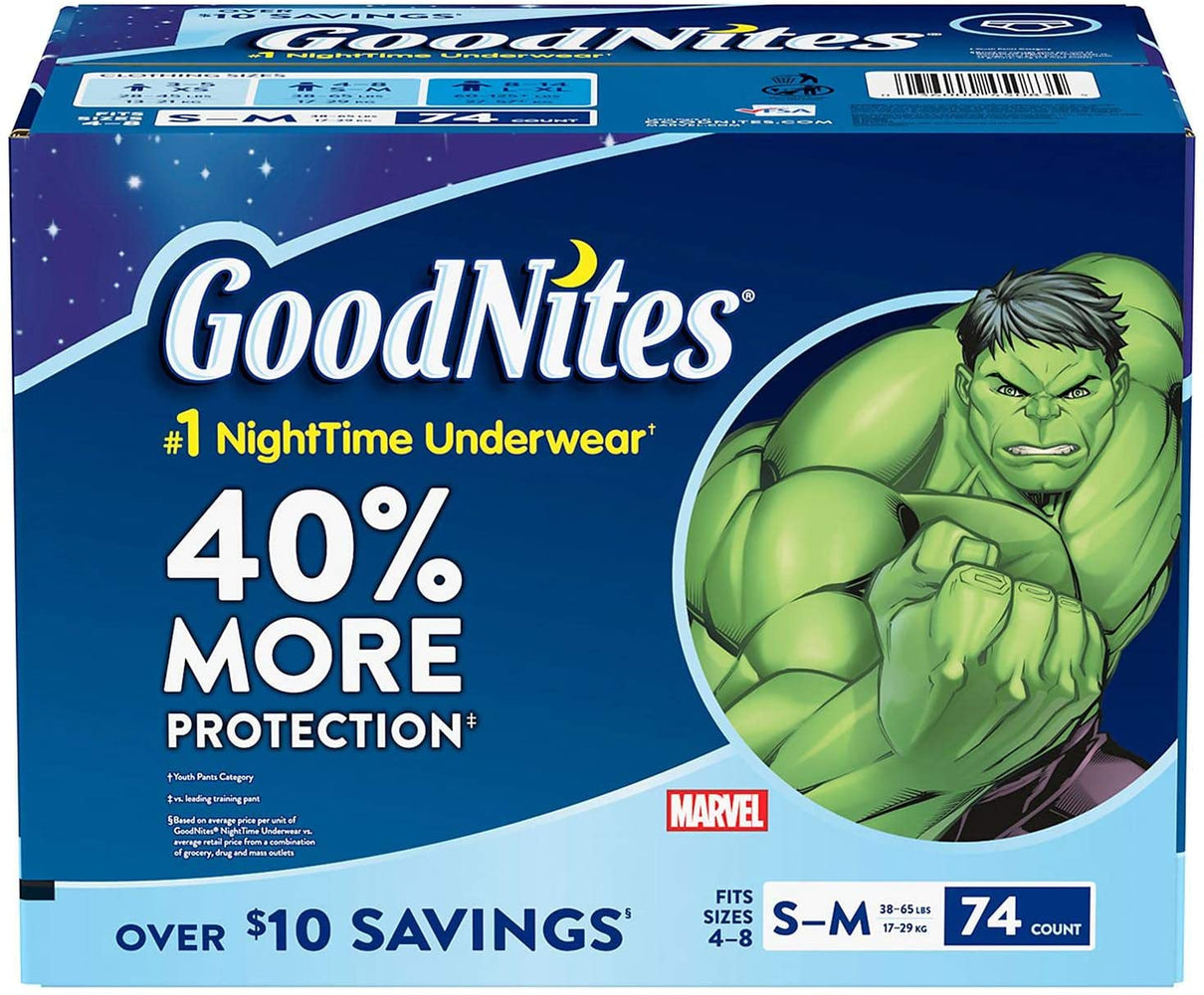 Goodnites Bedtime Underwear Diapers For Boys, Size S/M , 74 ct —