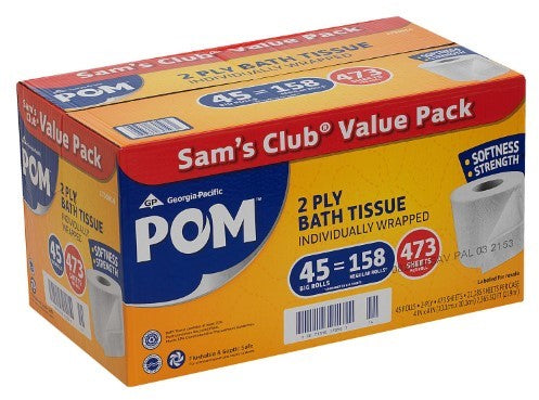 POM Bath Tissue, 473 2-ply sheets, 45 rolls